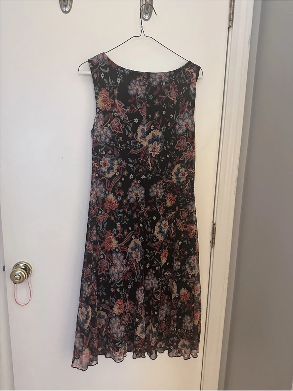 Floral Sleeveless Midi Dress - Black with Multicolor Flowers, soft pleats lined